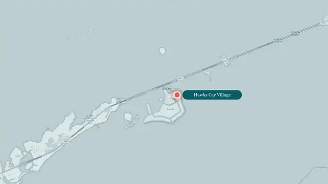 Map of the middle Florida Keys with Hawks Cay Village marked on Duck Key, between Marathon and Long Key on the Overseas Highway